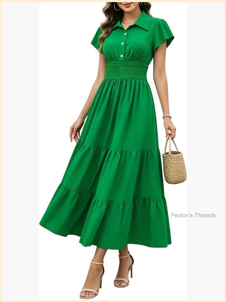 Cap Ruffle Sleeve Collar V Neck Button Smocked Tiered Flowy Boho Midi Dress
